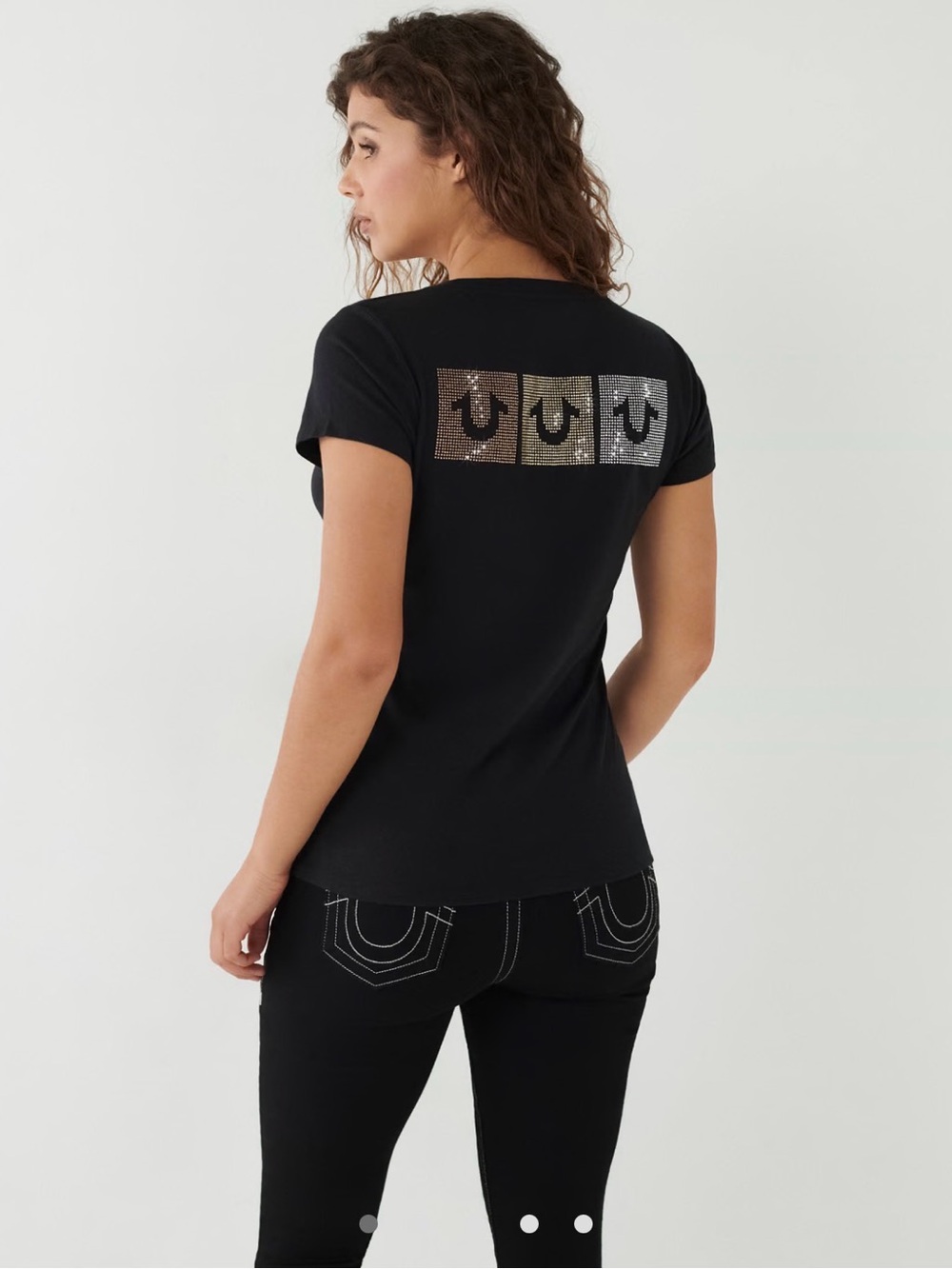 TRUE RELIGION Crystal Logo V Tee Size Medium Women’s Black Bling T-shirt